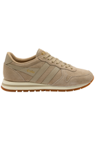 A beige suede and mesh low-top sneaker with three stripes on the side, a cream midsole, and a gum outsole, shown in a side profile view against a white background.