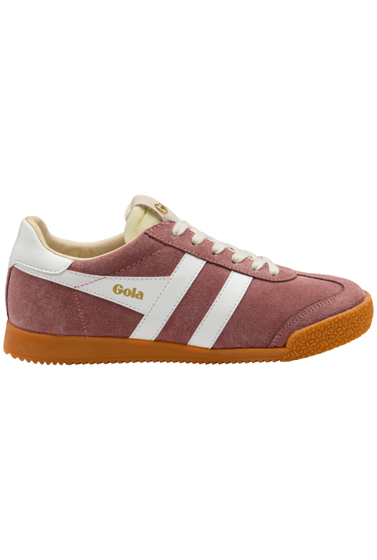 A low-top suede sneaker in dusty rose with white side stripes, cream laces and collar lining, and a gum brown sole. The brand name 'Gola' is printed in gold on the side.
