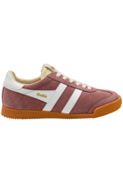 A low-top suede sneaker in dusty rose with white side stripes, cream laces and collar lining, and a gum brown sole. The brand name 'Gola' is printed in gold on the side.