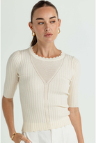 A woman wearing a cream-colored short-sleeve ribbed knit top with a scalloped neckline and a V-shaped openwork chest detail, paired with white trousers, against a light gray studio background.