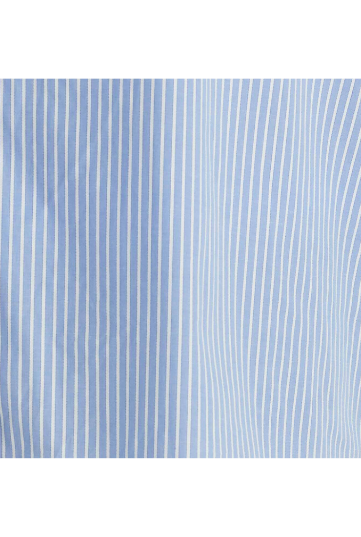 A close-up of a light blue and white vertically striped fabric texture.