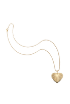 A delicate gold chain necklace featuring a textured, fan-like heart-shaped pendant, displayed against a solid white background.