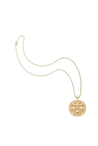 A gold chain necklace featuring a circular medallion pendant with an embossed floral or sunburst design, displayed against a solid white background.