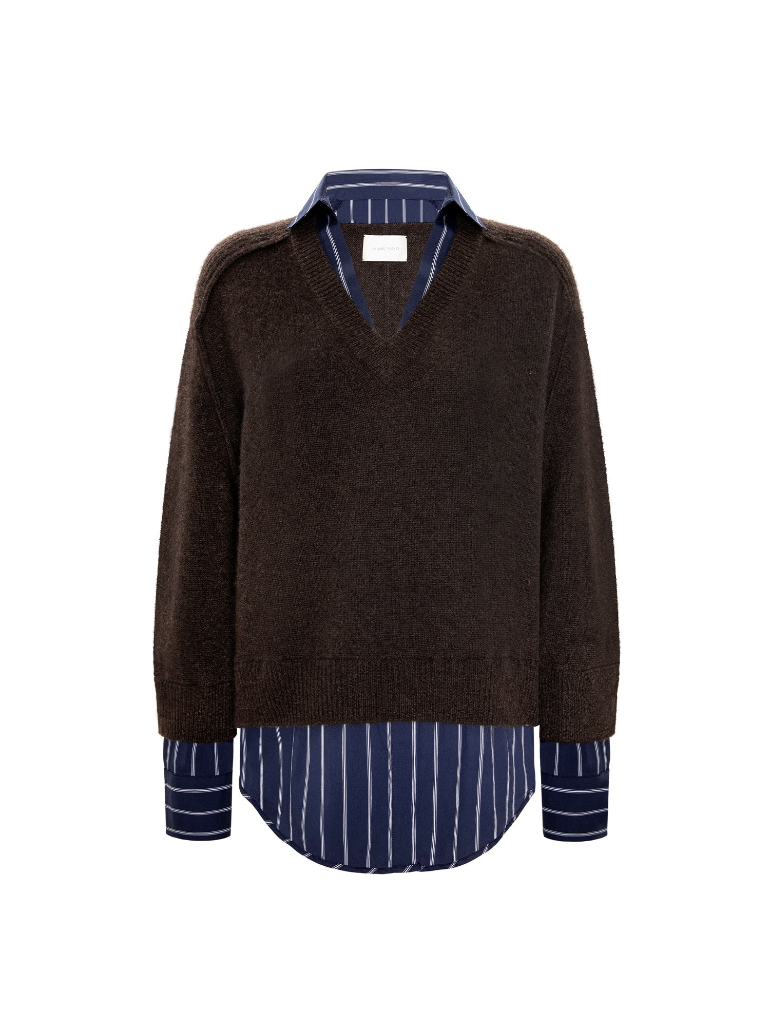 A dark brown V-neck knit sweater layered over a navy blue and white striped button-down shirt, shown against a plain white background.
