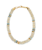 Necklace with beige, gold, and blue beads on a white background