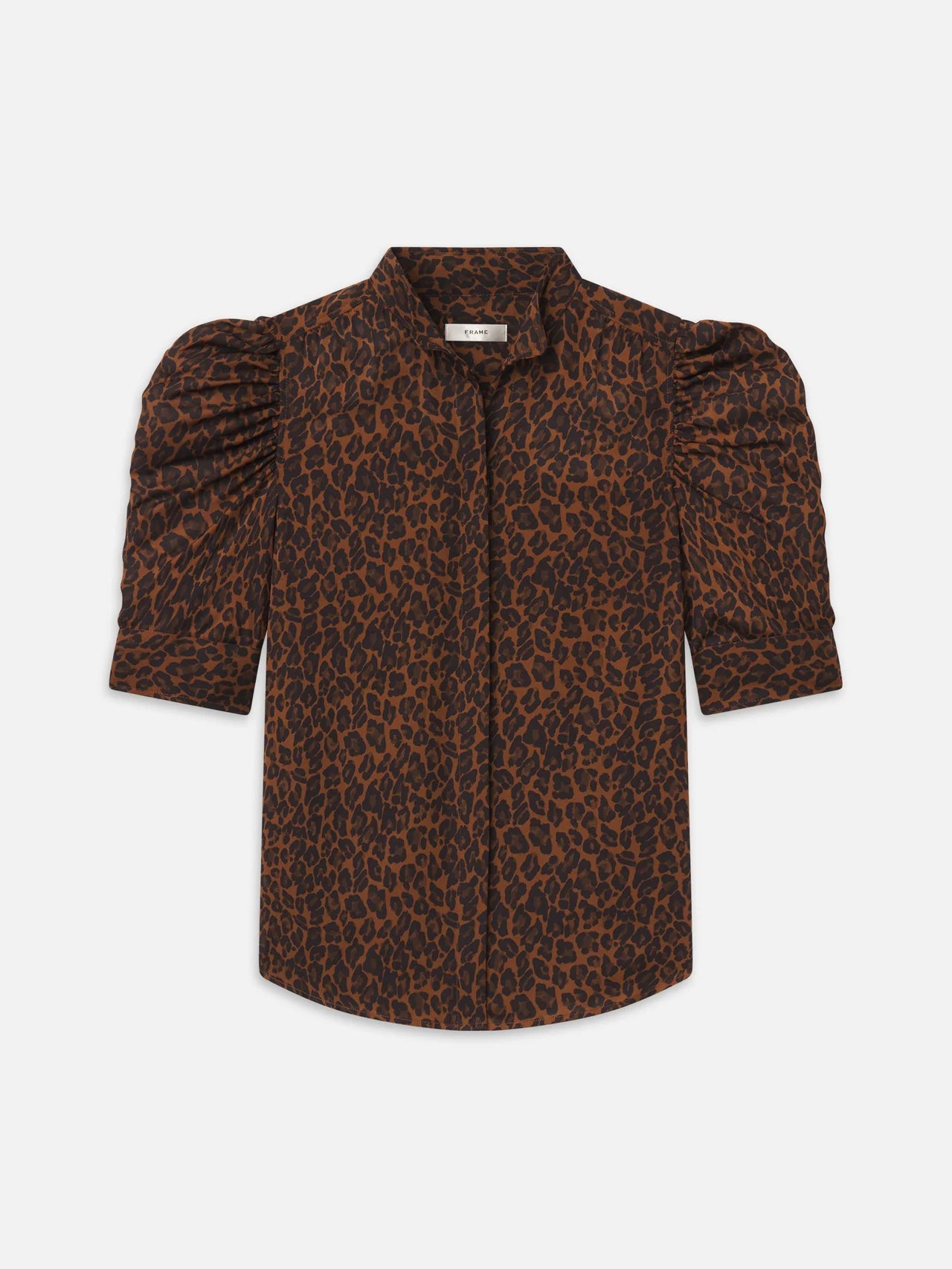 A brown and black leopard print blouse with puffed elbow-length sleeves, a pointed collar, and a button-front closure, shown on a light gray background.