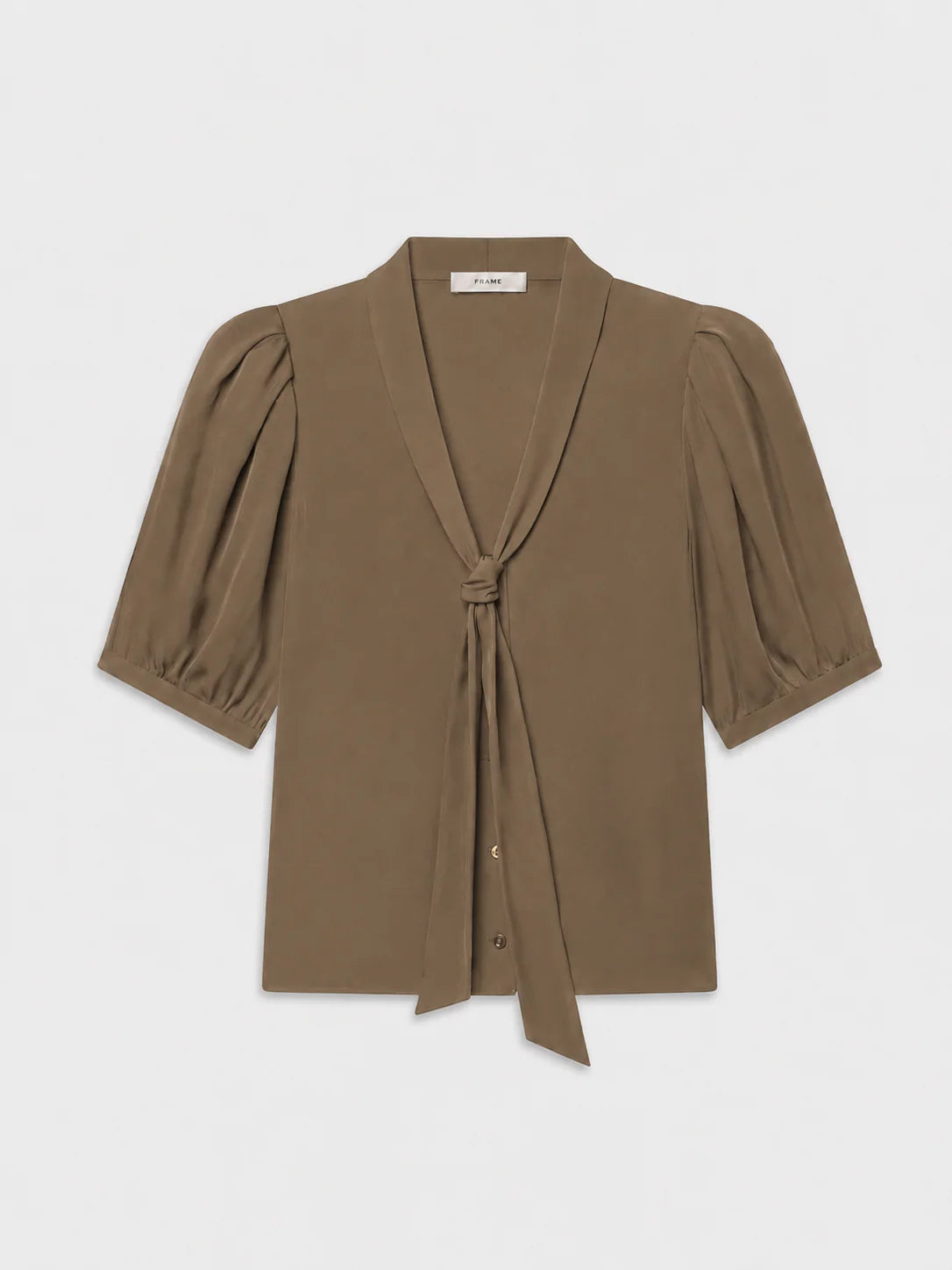 A taupe brown short-sleeve blouse with puffed sleeves, a wrap-style V-neckline, and a front tie detail, shown flat on a light gray background.