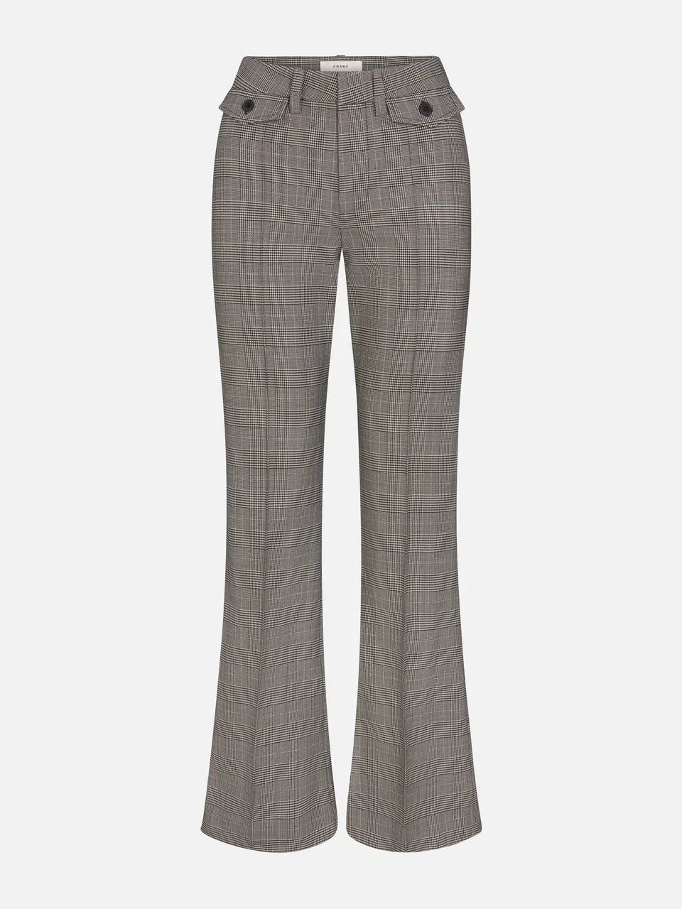 A pair of high-waisted, wide-leg trousers in a gray and brown plaid pattern, displayed on a clean white background.