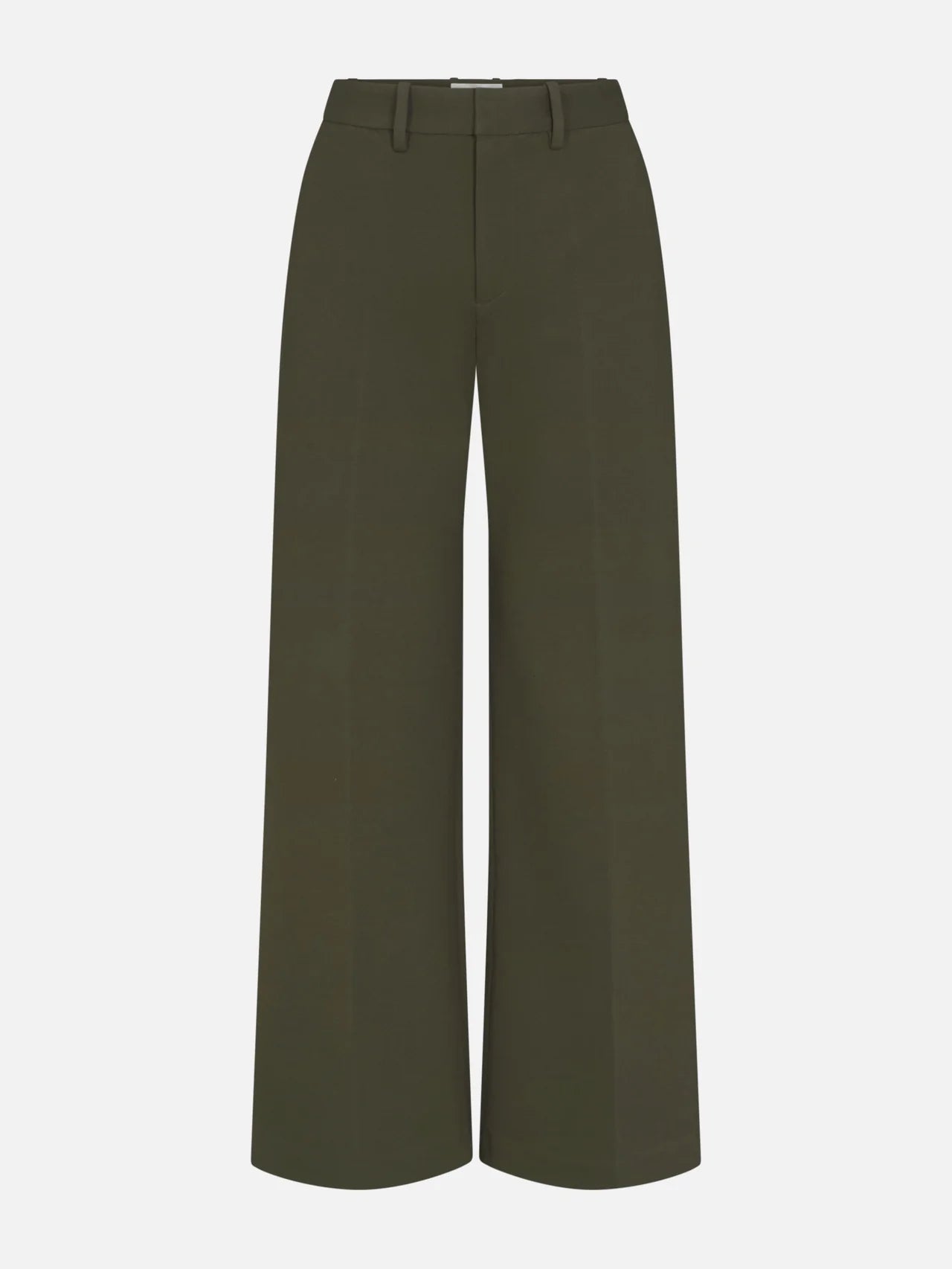 A pair of olive green wide-leg trousers shown flat against a light gray background.