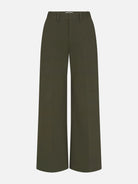 A pair of olive green wide-leg trousers shown flat against a light gray background.