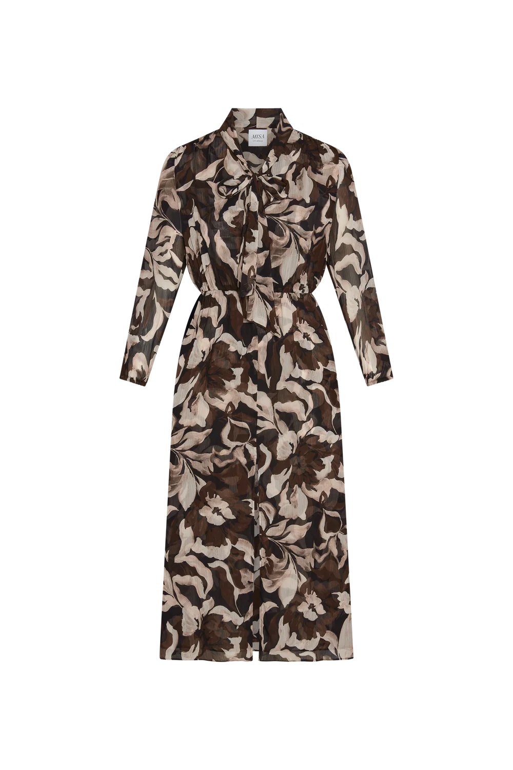 A long-sleeve collared dress with a floral camouflage pattern in brown, beige, and black, featuring a tie-neck detail and a self-tie belt, shown against a plain white background.
