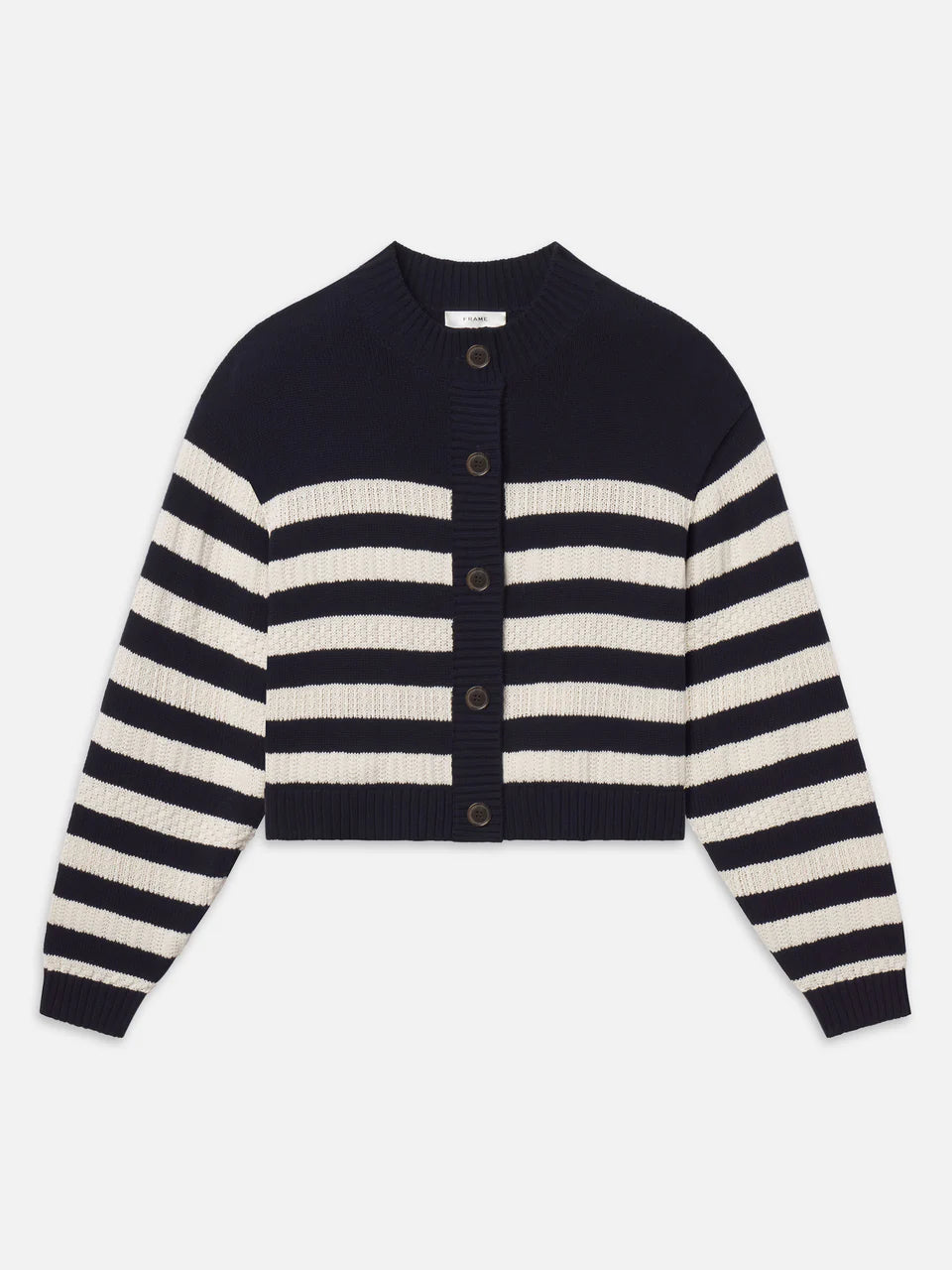 Navy and white striped cardigan on a light gray background