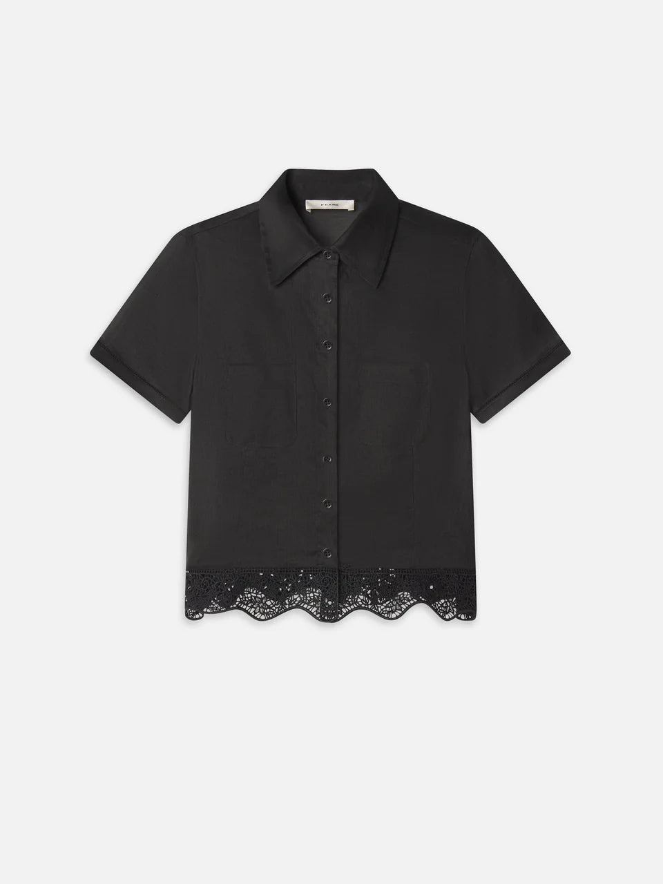 Black shirt with lace trim on a white background
