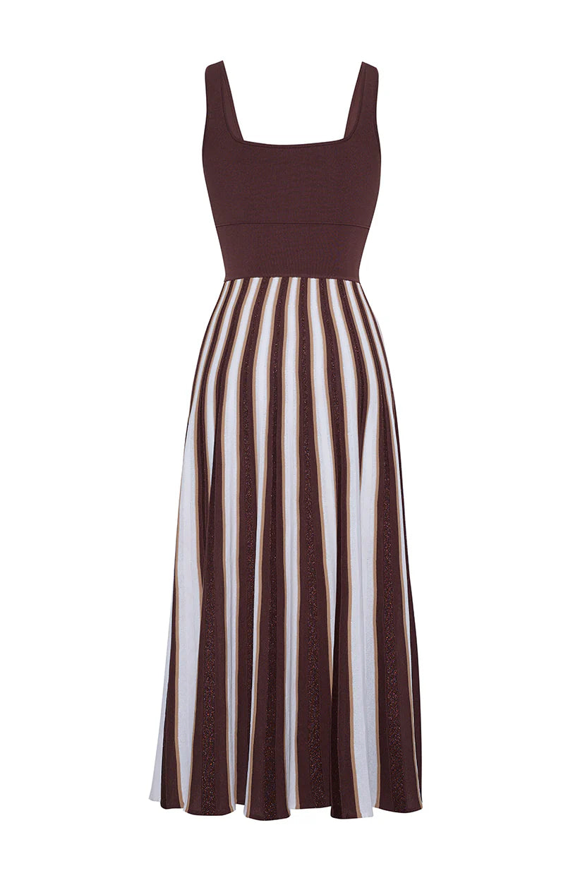 Brown and white striped dress on a white background