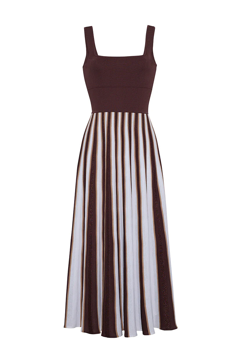 Dress with brown and white striped skirt on a white background