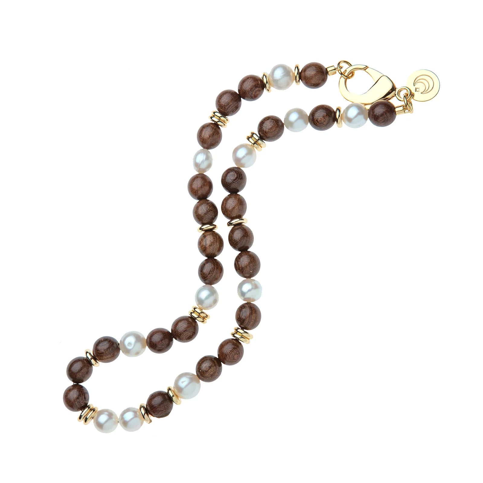 Beaded bracelet with brown and white pearls on a white background