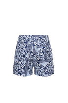 Blue patterned shorts on a white background