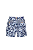 Blue patterned shorts on a white background