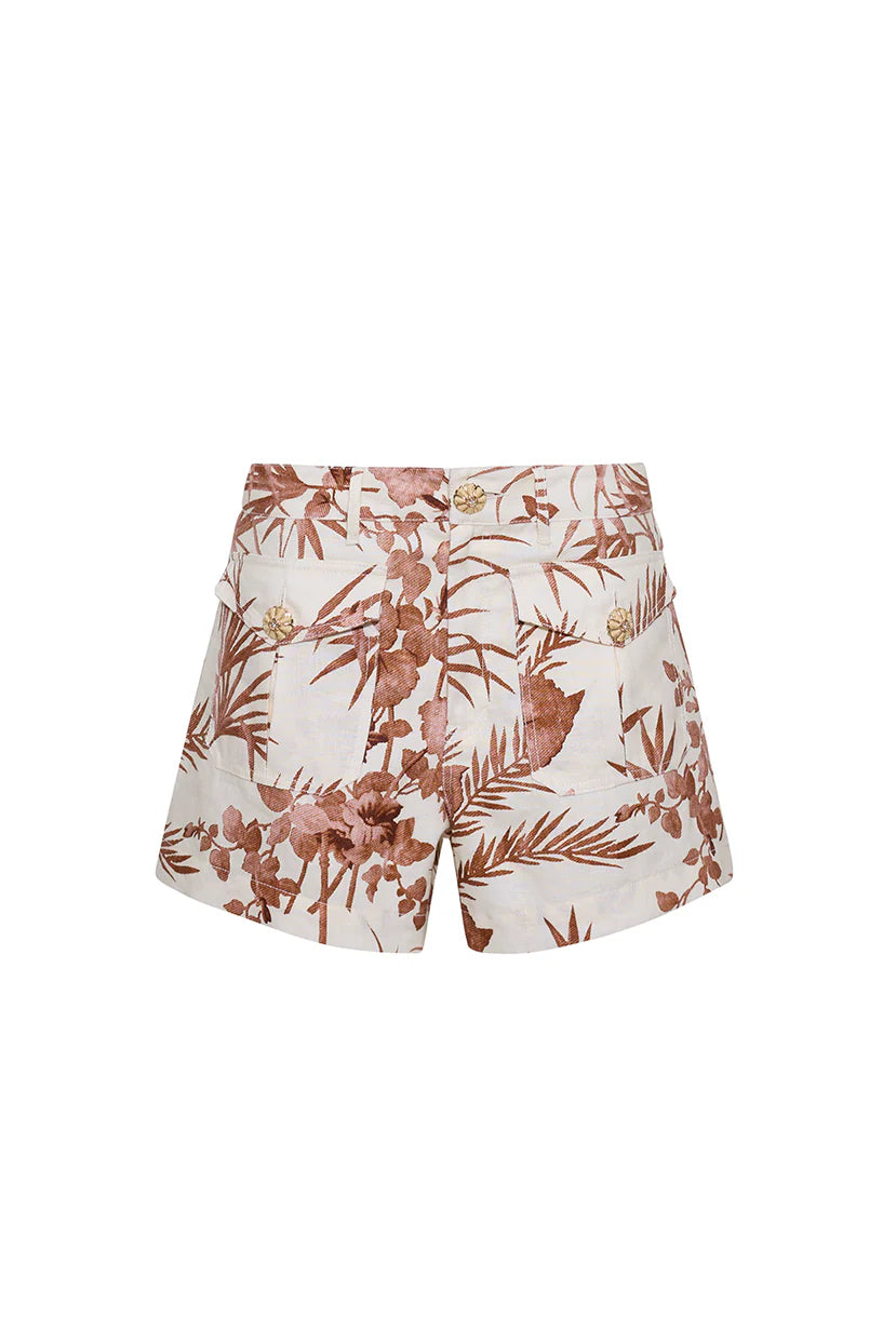 Floral shorts with brown and beige patterns on a white background