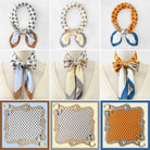 Collection of various patterned scarves displayed on mannequins and frames.