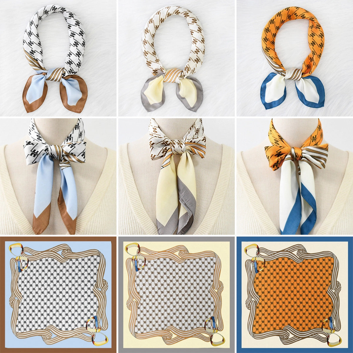 Collection of various patterned scarves displayed on mannequins and frames.