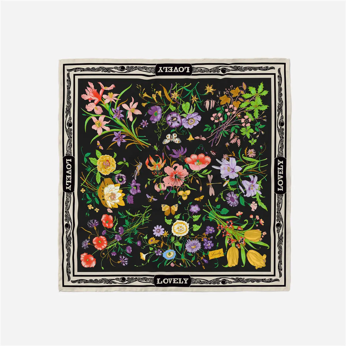 Floral patterned scarf with 'LOVELY' branding on a black background