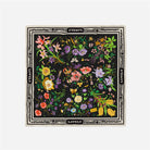Floral patterned scarf with 'LOVELY' branding on a black background