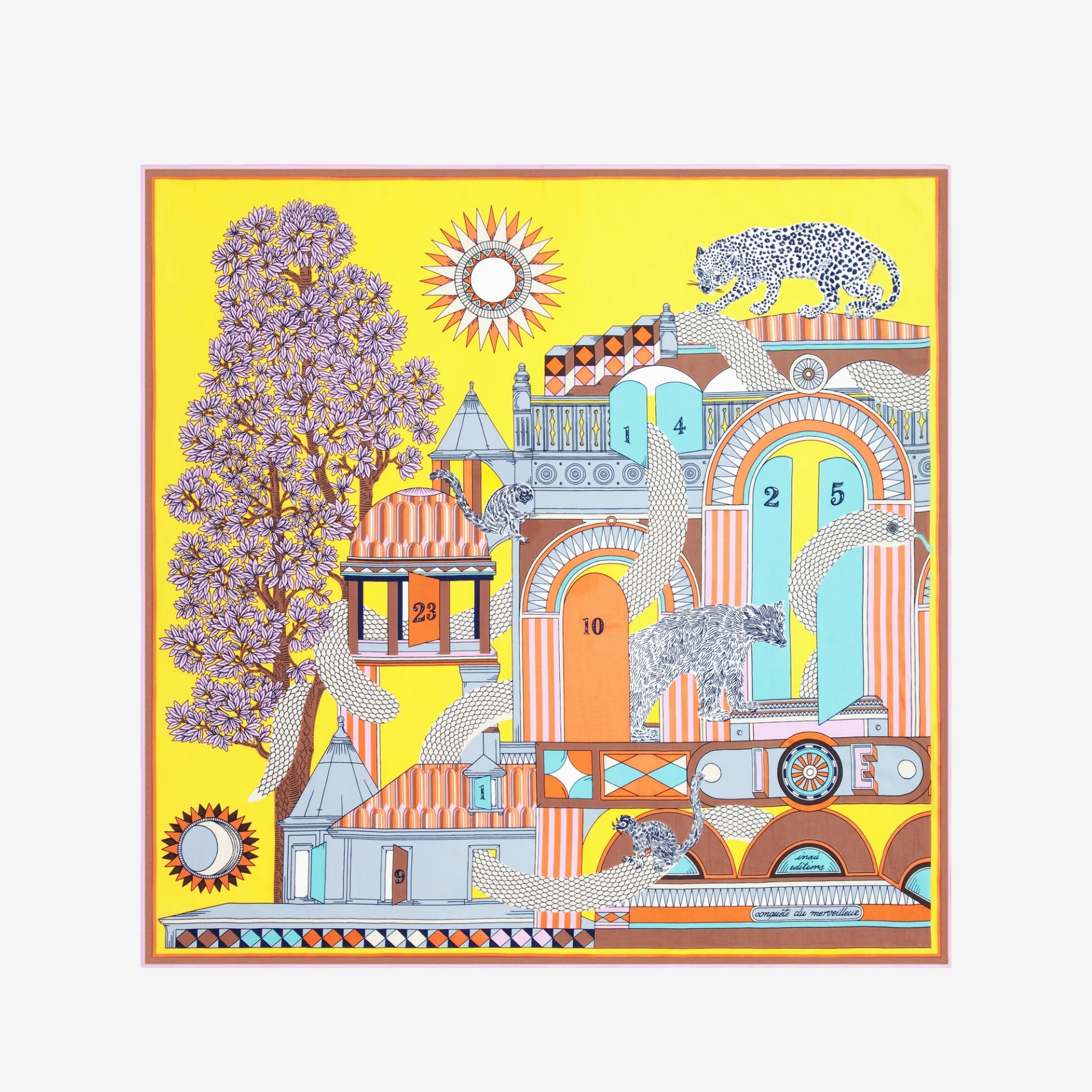 Colorful abstract design with houses, trees, and animals on a yellow scarf