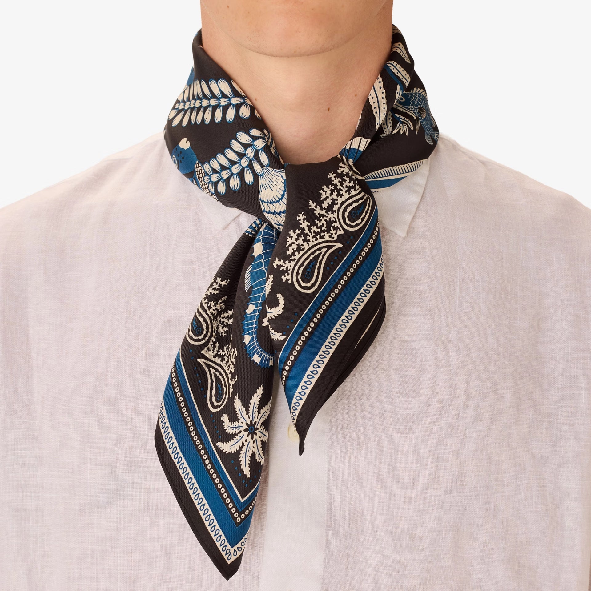 Person wearing a black and blue patterned scarf on a white background