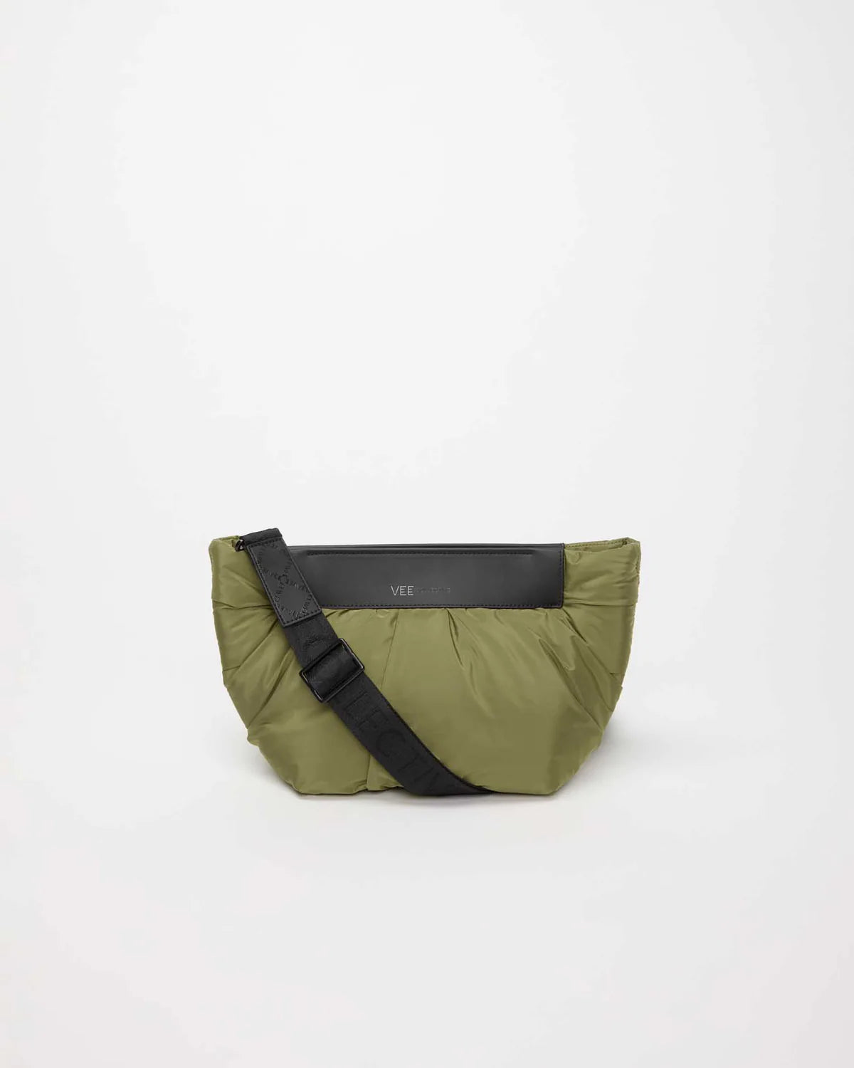 Green shoulder bag with black strap on a white background