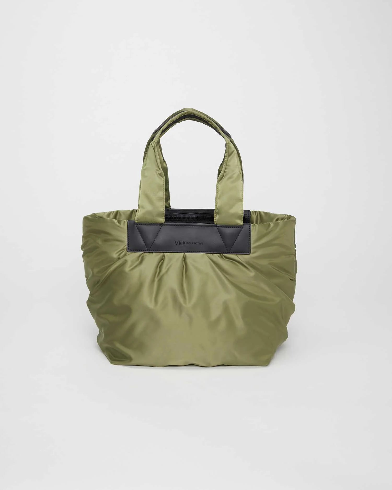Green tote bag with black accents on a white background