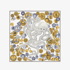 Decorative scarf with an octopus design surrounded by gold and silver coins on a white scarf