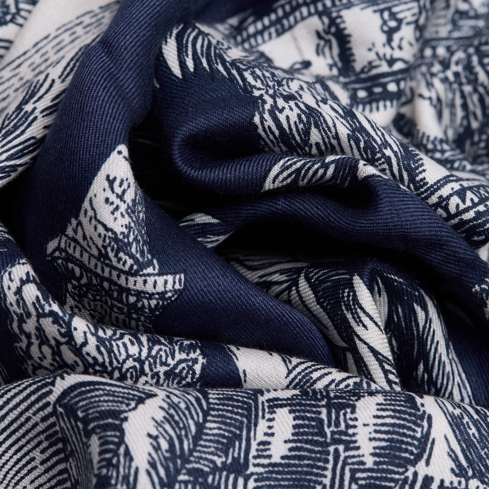 Close-up of navy and white patterned fabric