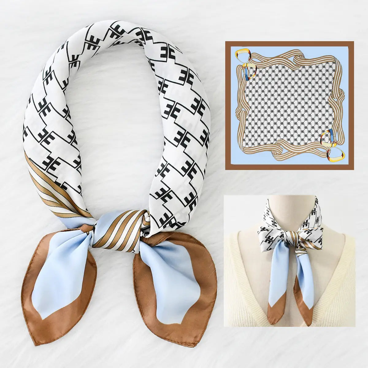 Scarf with geometric pattern and brown, blue, and white color scheme on a white background.