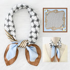 Scarf with geometric pattern and brown, blue, and white color scheme on a white background.