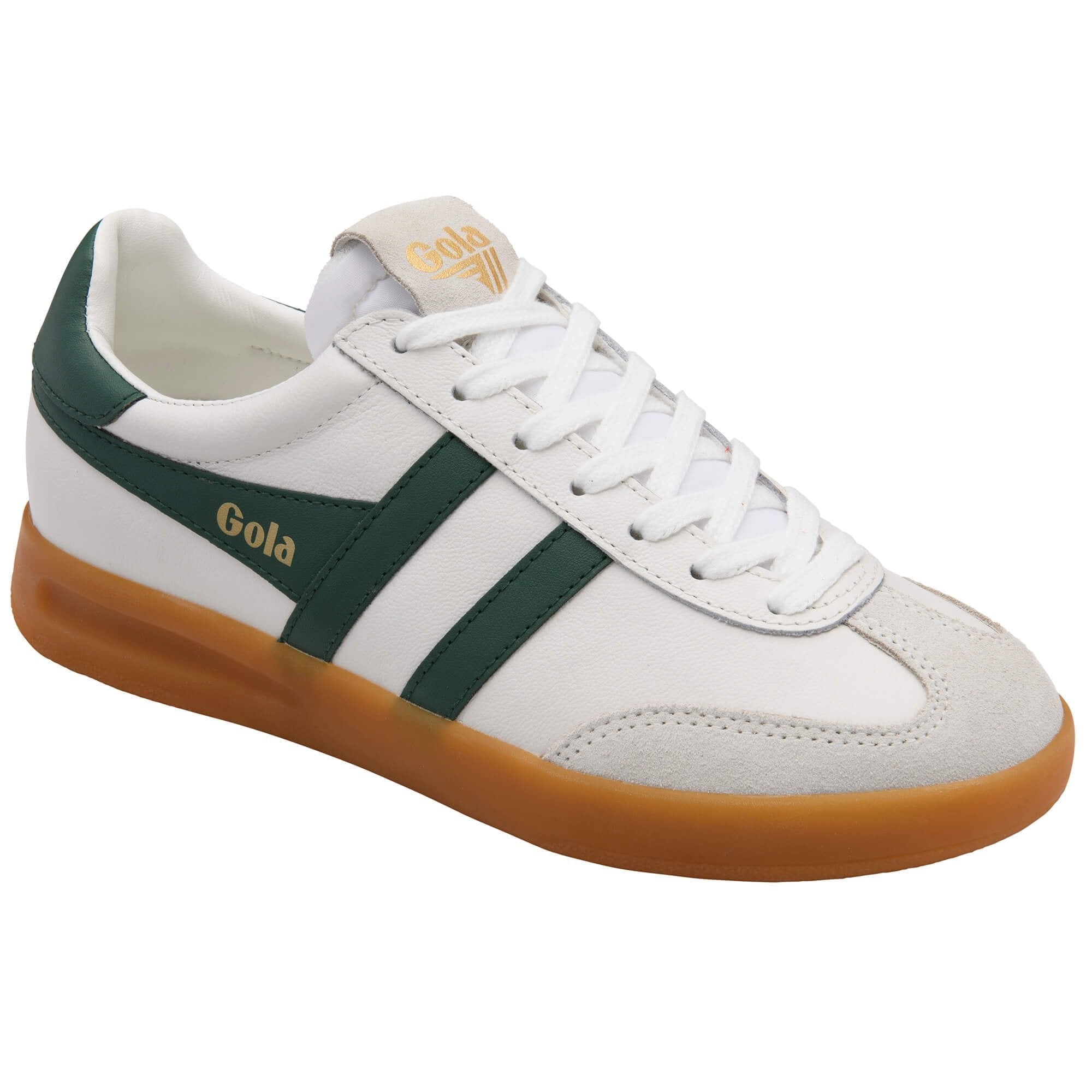White sneaker with green stripes and brown sole on a white background