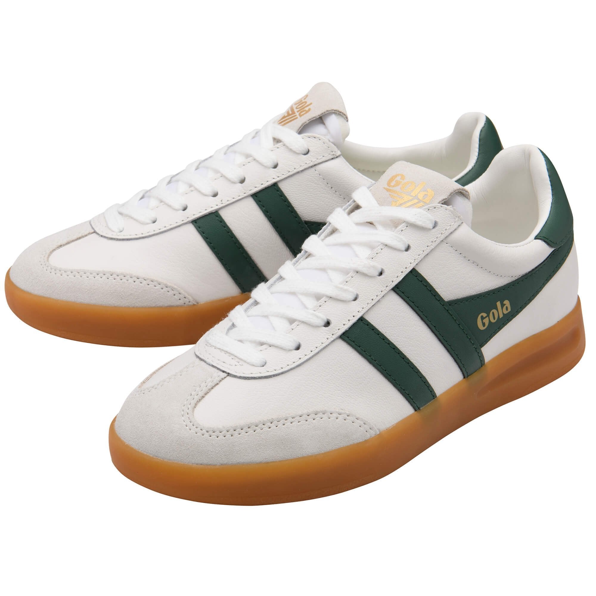 White sneakers with green stripes and brown soles on a white background