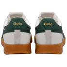 White sneakers with green accents and brown soles on a white background