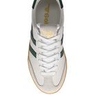 White sneaker with green stripes and 'Gola' branding on a white background