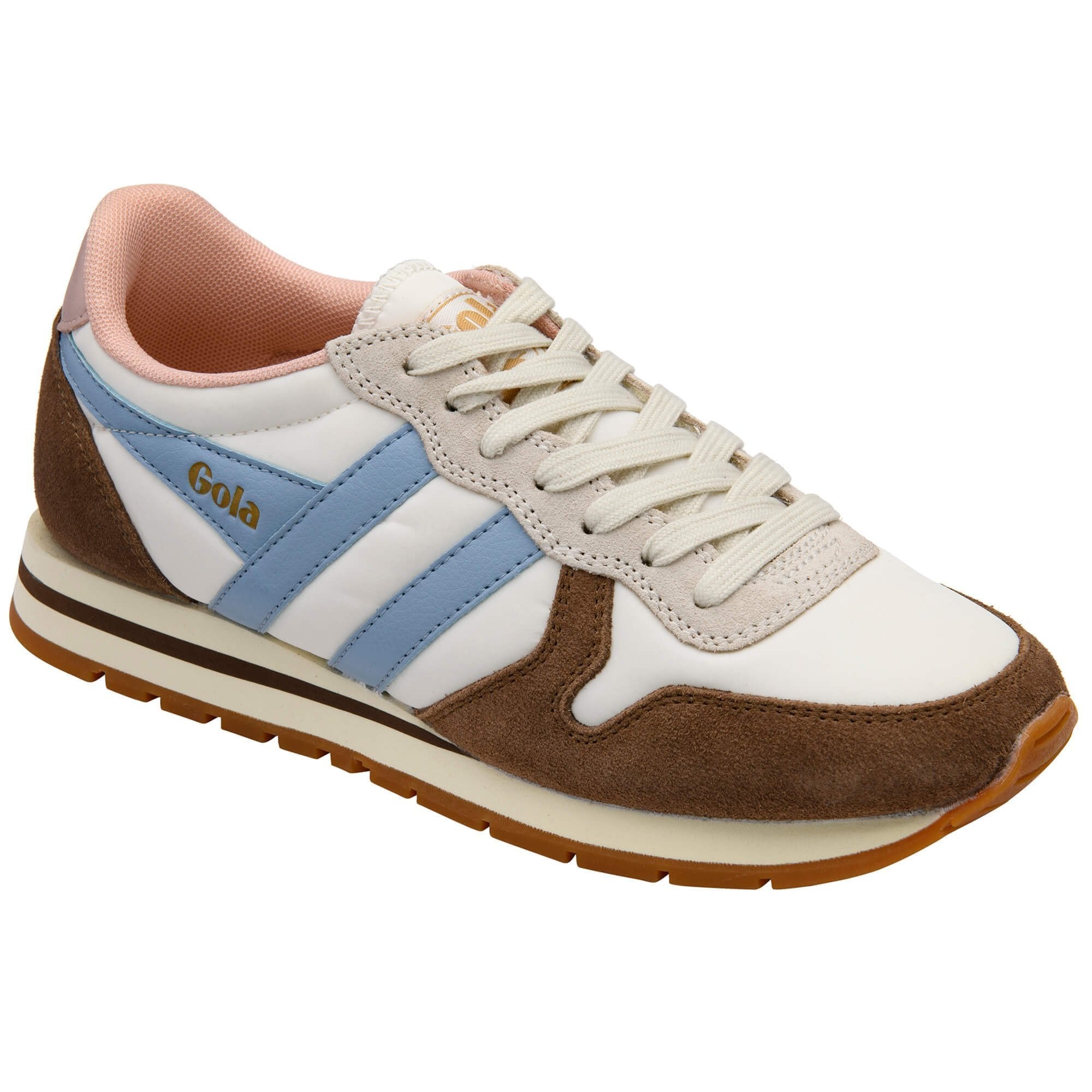 Sneaker with brown, white, and blue design on a white background