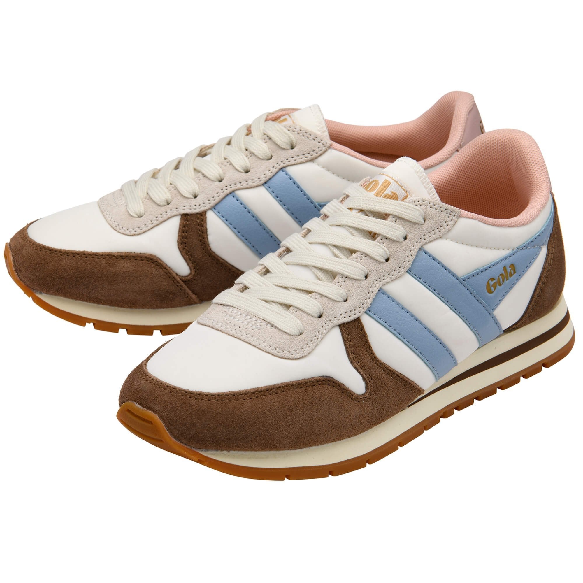 Pair of brown and white sneakers with blue stripes on a white background