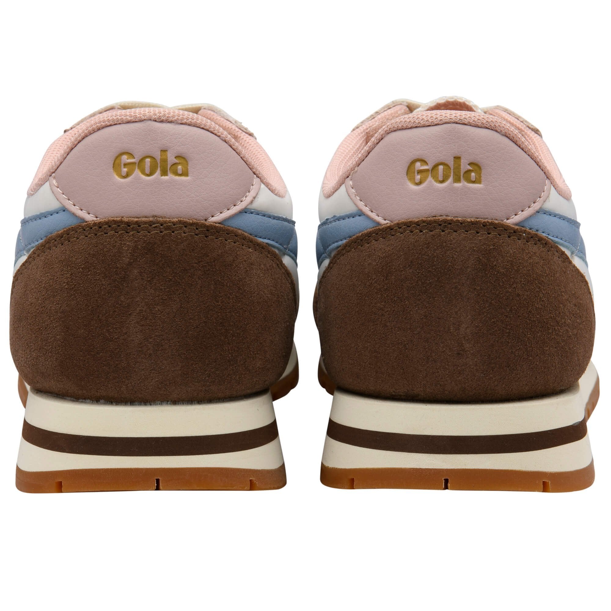 Pair of Gola sneakers showing the back with brown soles and multicolored uppers.
