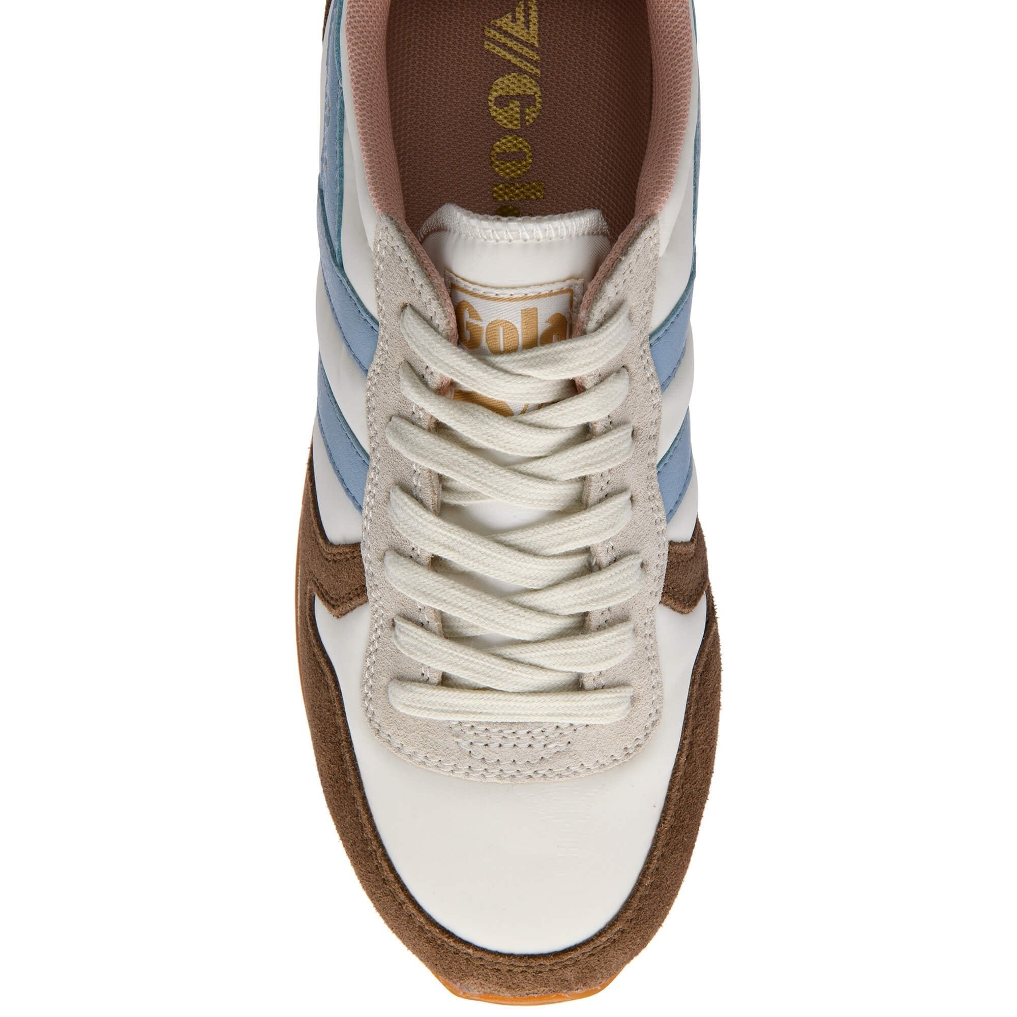 Sneaker with white, blue, and brown color scheme on a white background
