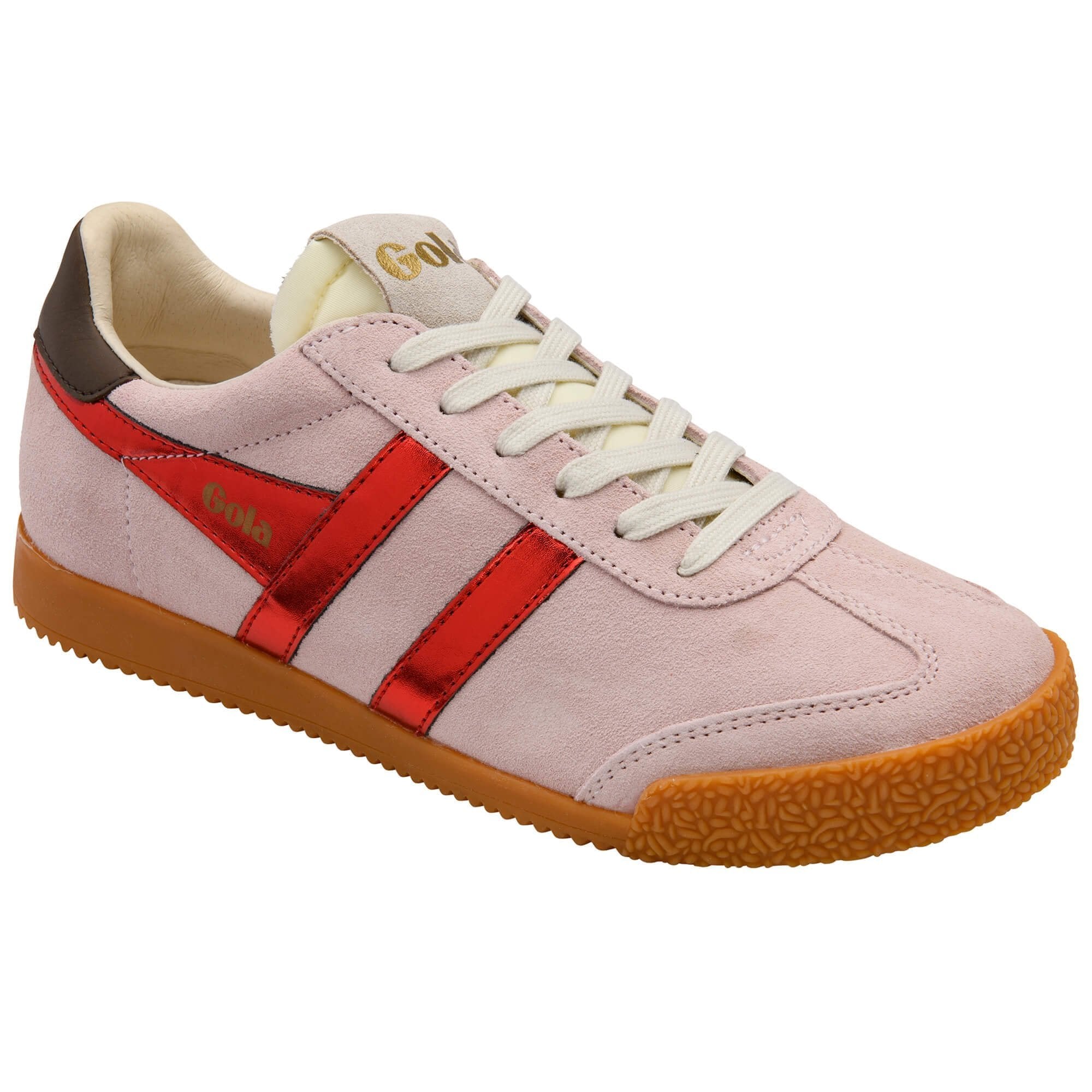 Pink sneaker with red accents on a white background