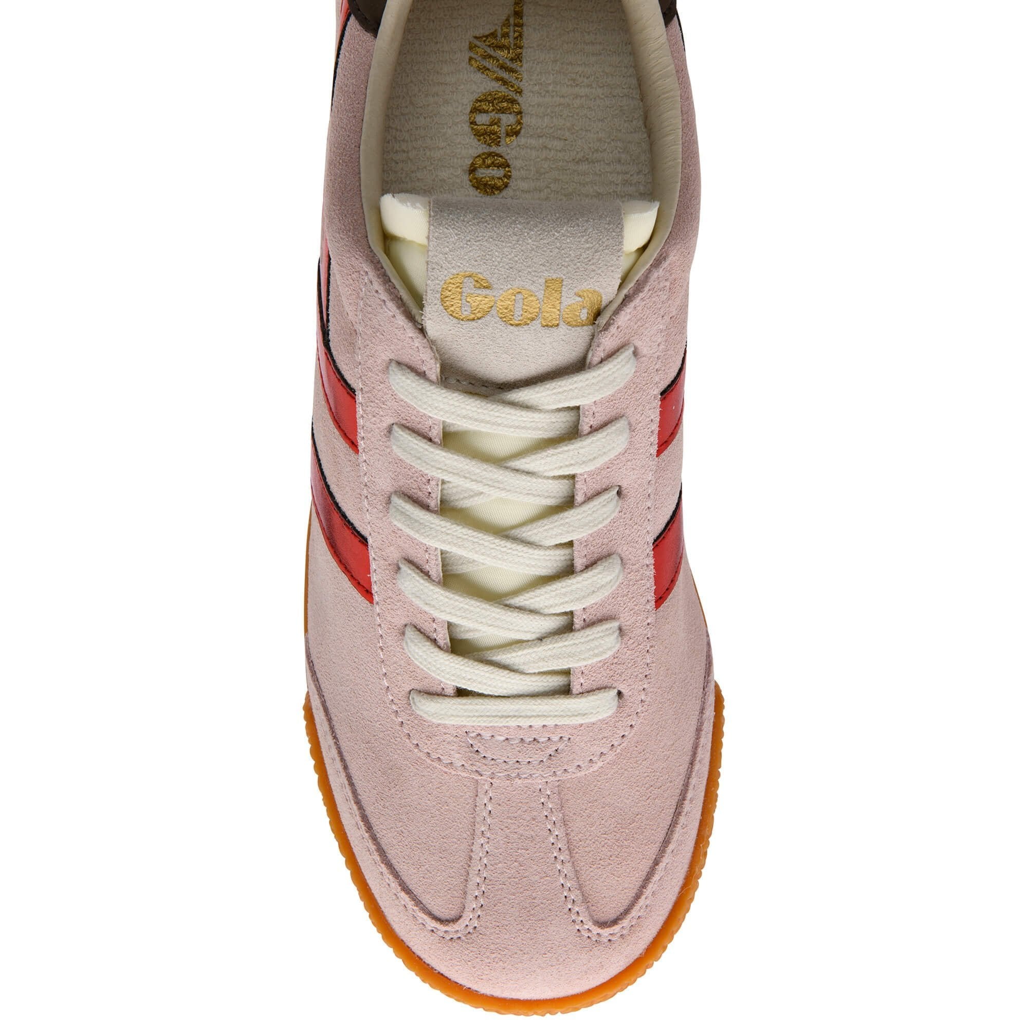Pink sneaker with red accents and white laces on a white background