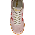 Pink sneaker with red accents and white laces on a white background