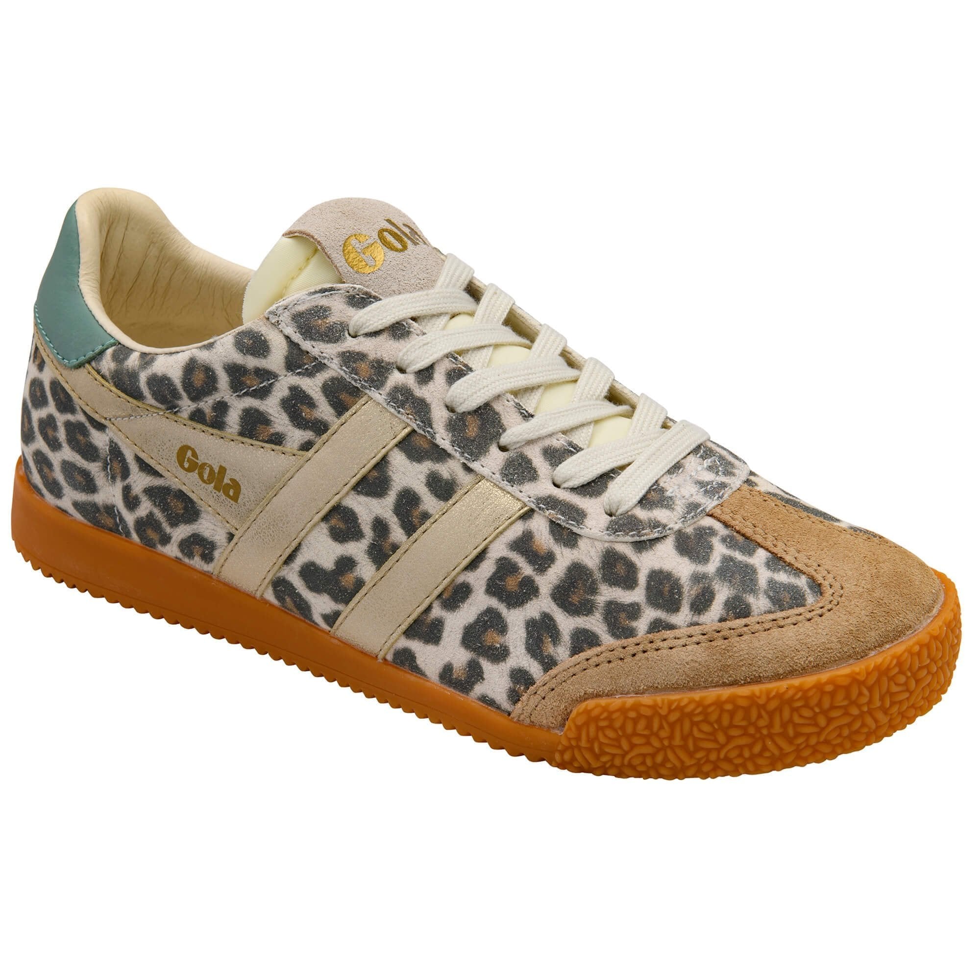 Leopard print sneaker with brown sole on a white background