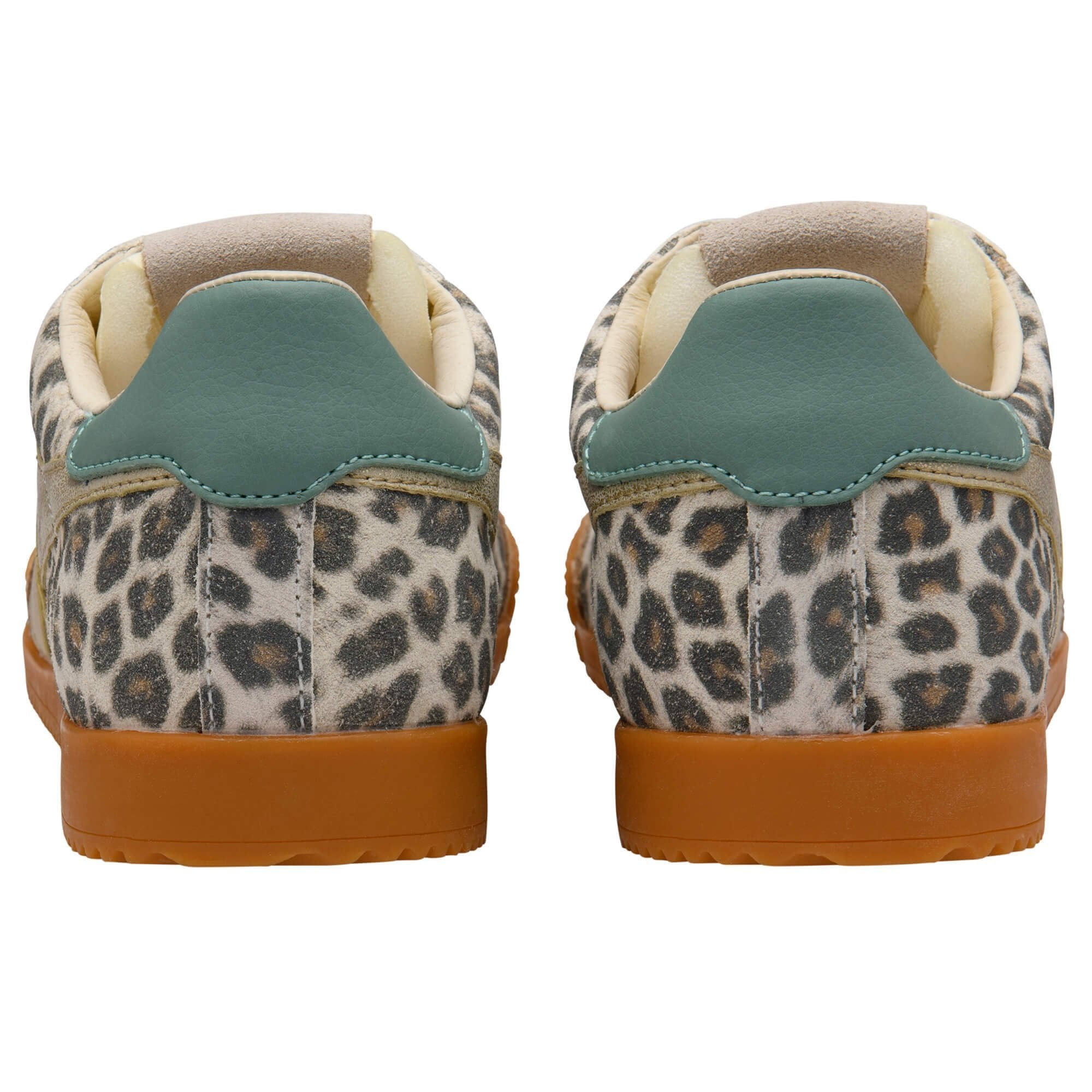 Pair of leopard print sneakers with a green heel tab on a white background