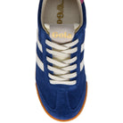 Blue sneaker with white laces on a white background