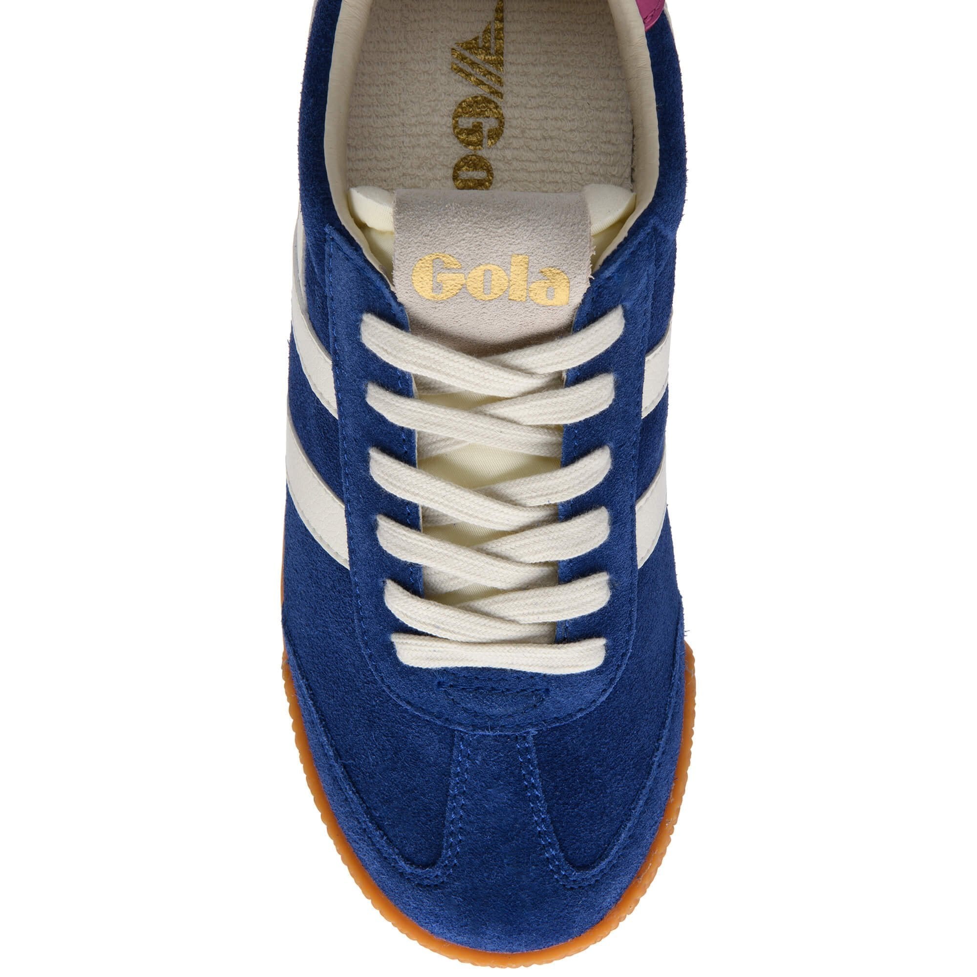 Blue sneaker with white laces on a white background